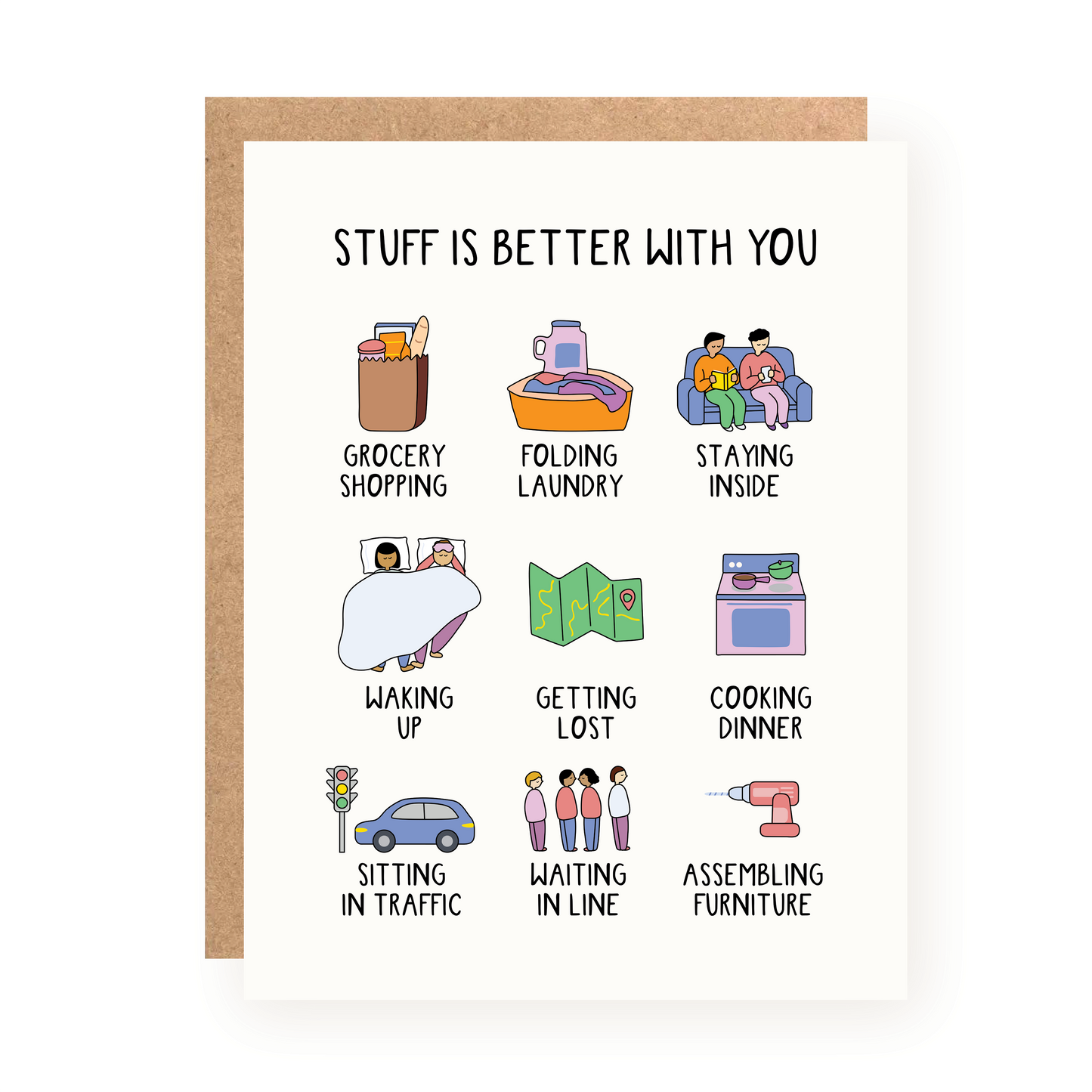 Illustrated Valentine’s Day card titled Stuff Is Better With You featuring everyday activities with colorful icons on white background