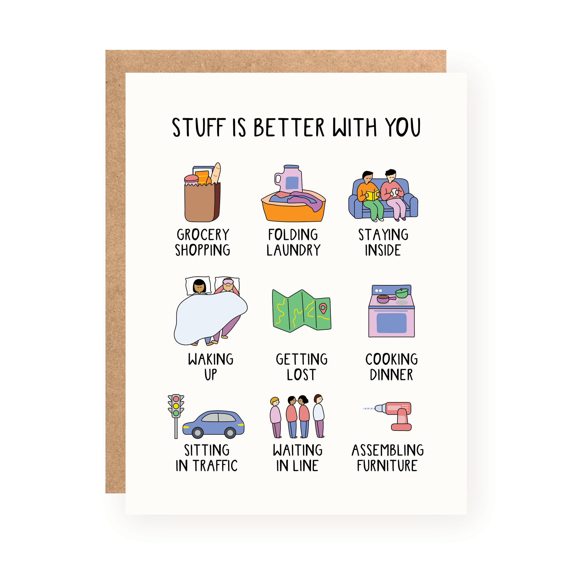 Illustrated Valentine’s Day card titled Stuff Is Better With You featuring everyday activities with colorful icons on white background
