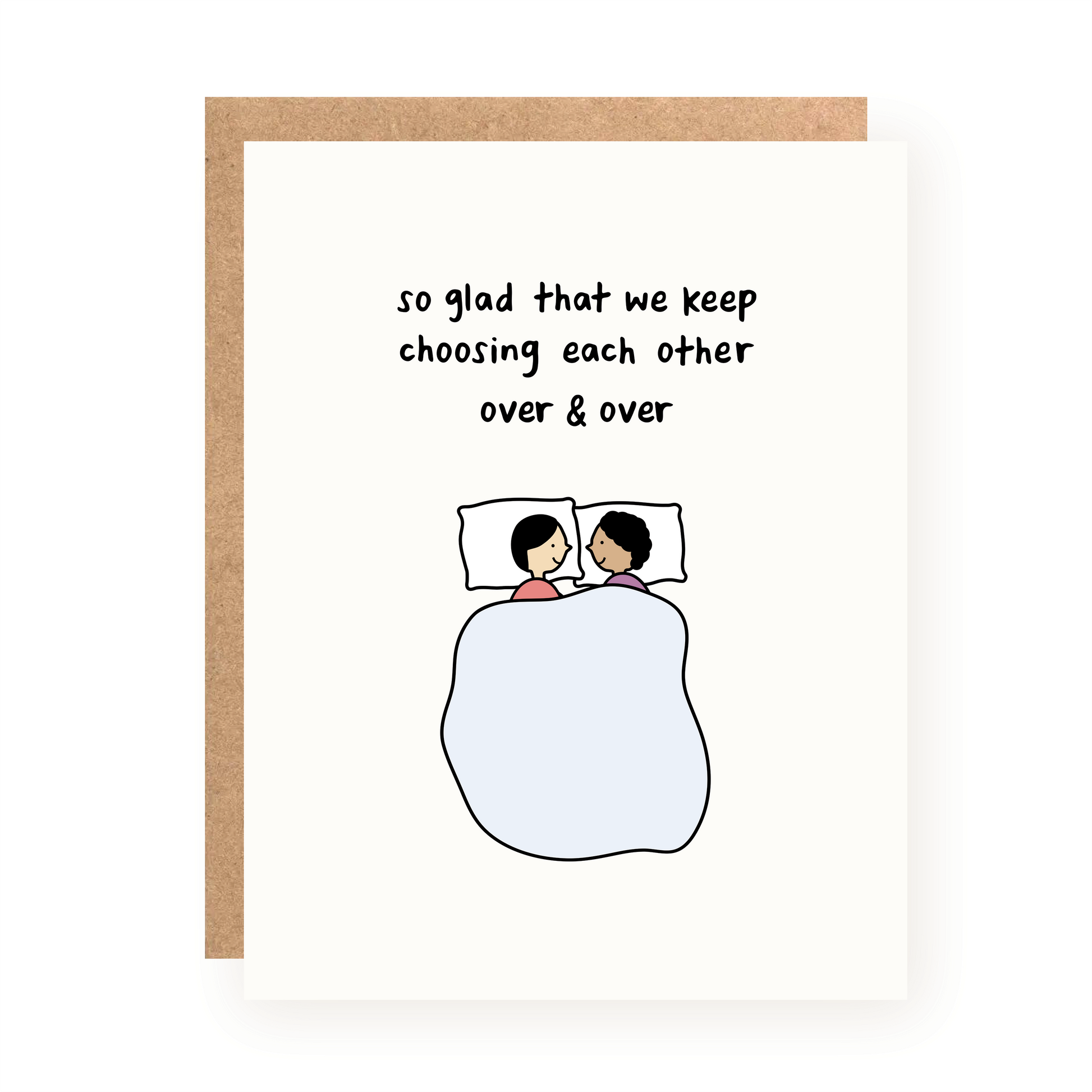 Valentine's Day card showing two people lying in bed under a blanket with text about choosing each other repeatedly