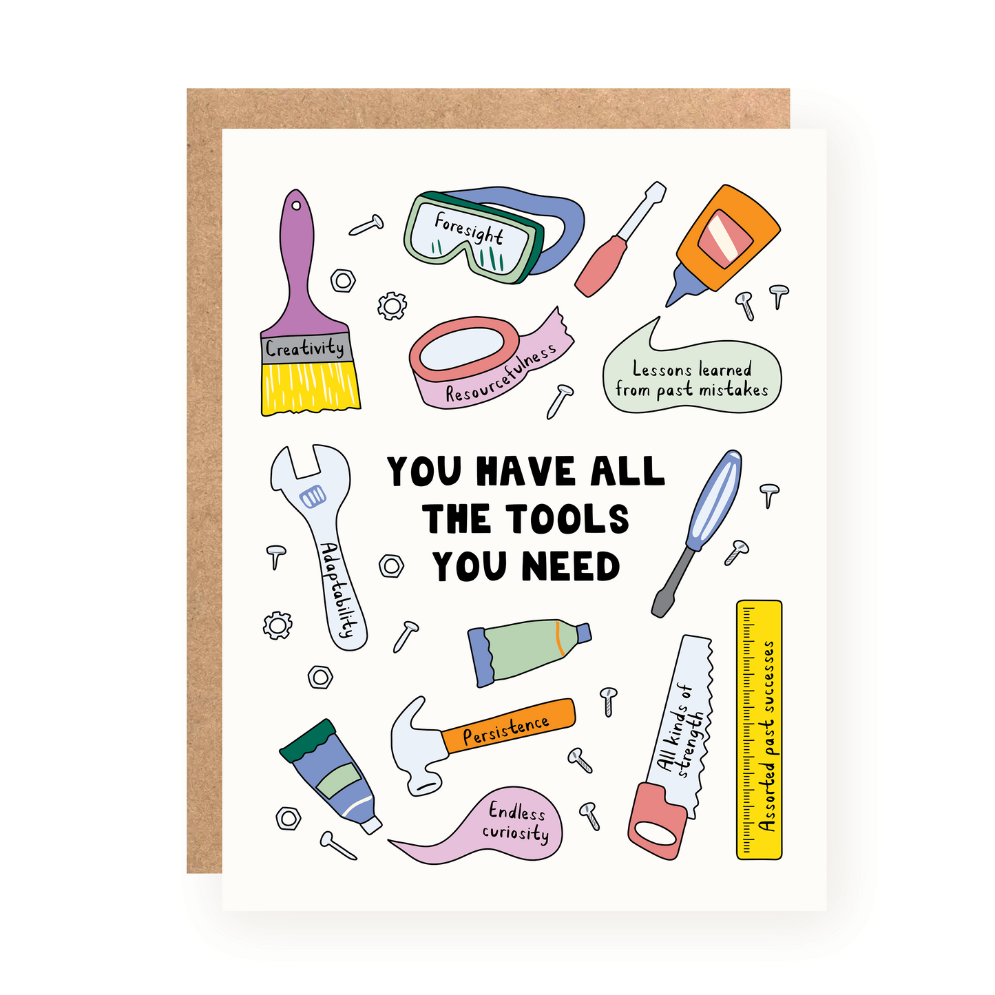Encouragement card with colorful illustrated tools labeled with positive traits and bold black text on white background