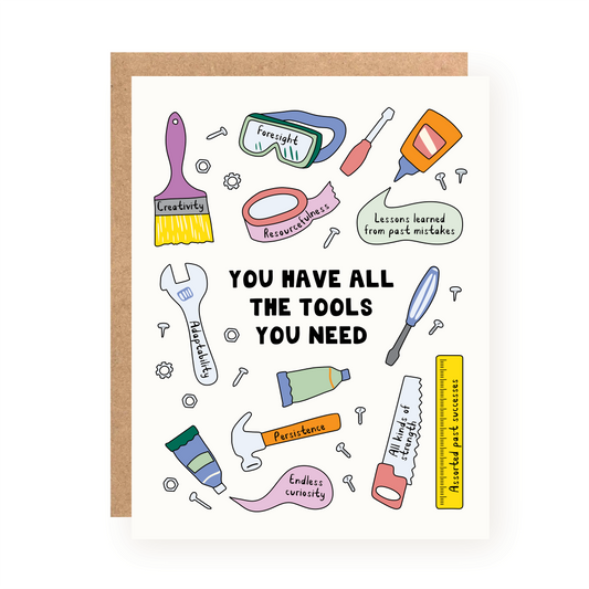 Encouragement card with colorful illustrated tools labeled with positive traits and bold black text on white background