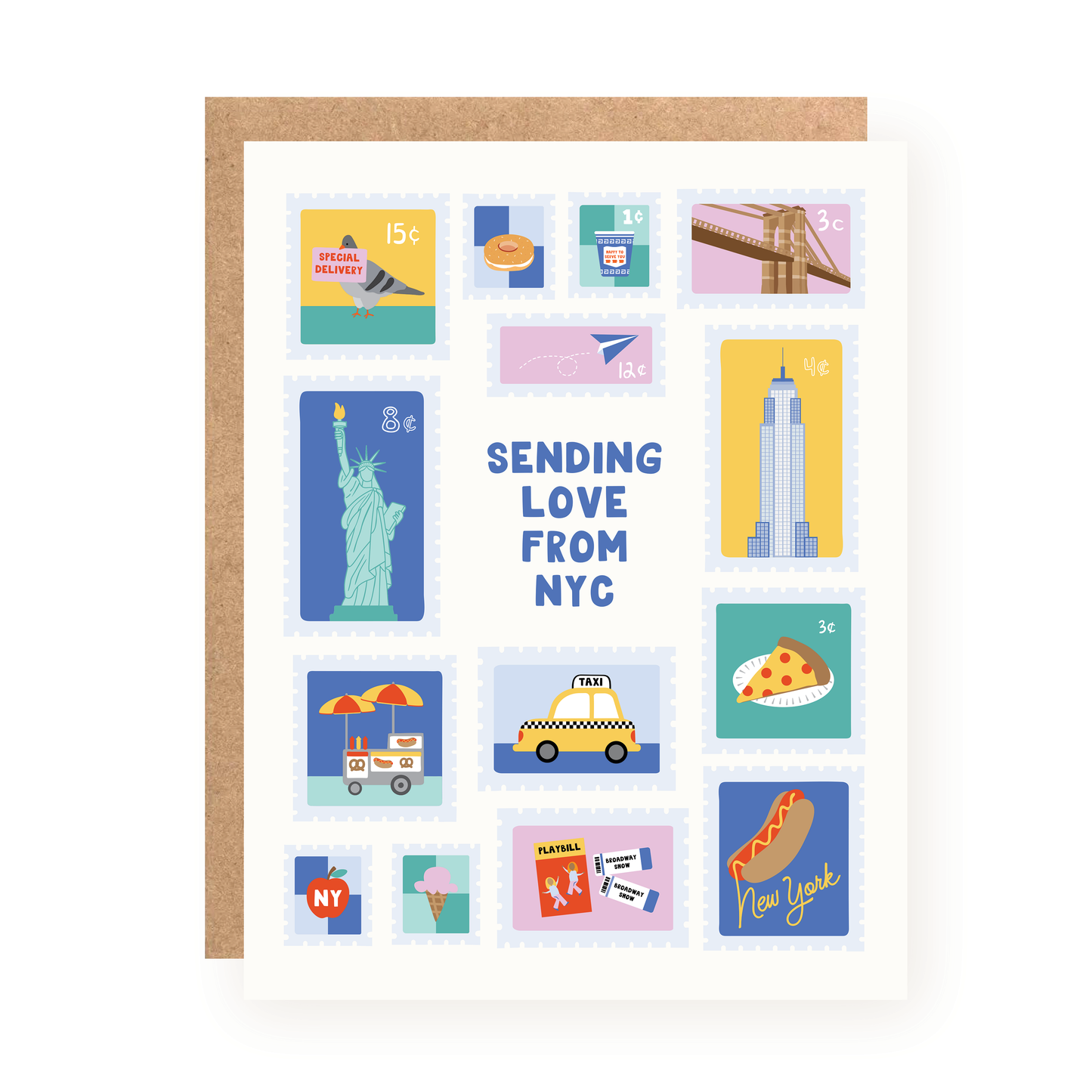 Greeting card displaying colorful illustrated postage stamps featuring New York City icons like the Statue of Liberty, Empire State Building, taxi, pizza, hot dog, and street vendor, with the text "Sending Love From NYC" in the center, accompanied by a brown kraft envelope.