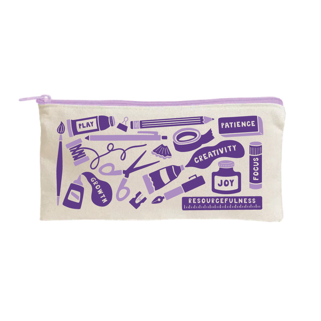 Beige fabric pencil pouch with light purple zipper, decorated with various purple illustrations of art supplies such as scissors, paintbrush, markers, tape, and words like "play," "patience," "creativity," "joy," "growth," "focus," and "resourcefulness.
