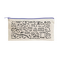 Beige fabric pouch with a light purple zipper, decorated with whimsical black line drawings and handwritten labels including items like emergency snacks, travel spark, extra batteries, and a slim book.