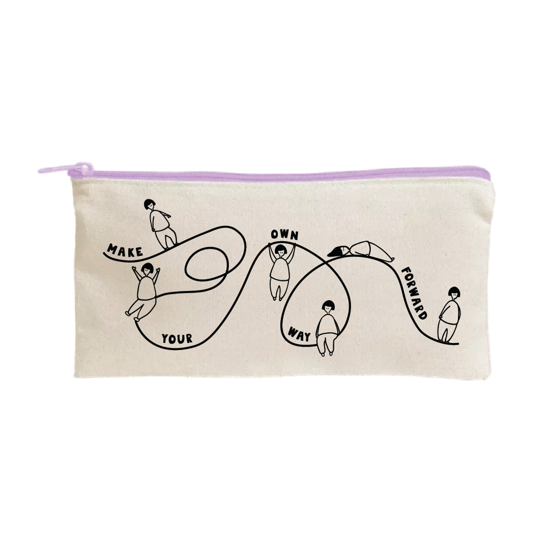 Beige fabric pouch with a light purple zipper, featuring a black line drawing of six simple figures along a flowing ribbon that spells out "Make Your Own Way Forward.