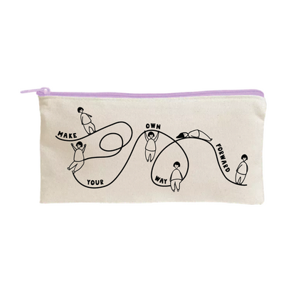 Beige fabric pouch with a light purple zipper, featuring a black line drawing of six simple figures along a flowing ribbon that spells out "Make Your Own Way Forward.