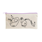 Beige fabric pouch with a light purple zipper, featuring a black line drawing of six simple figures along a flowing ribbon that spells out "Make Your Own Way Forward.