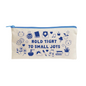 Beige fabric pouch with a blue zipper, featuring blue illustrations including a cat face, coffee cup, book, smiley face envelope, music note, candle, ice cream, fruit, dog face, flowers, noodles, sun, paintbrush, pants, books, and a potted plant, surrounding the phrase "Hold Tight to Small Joys.