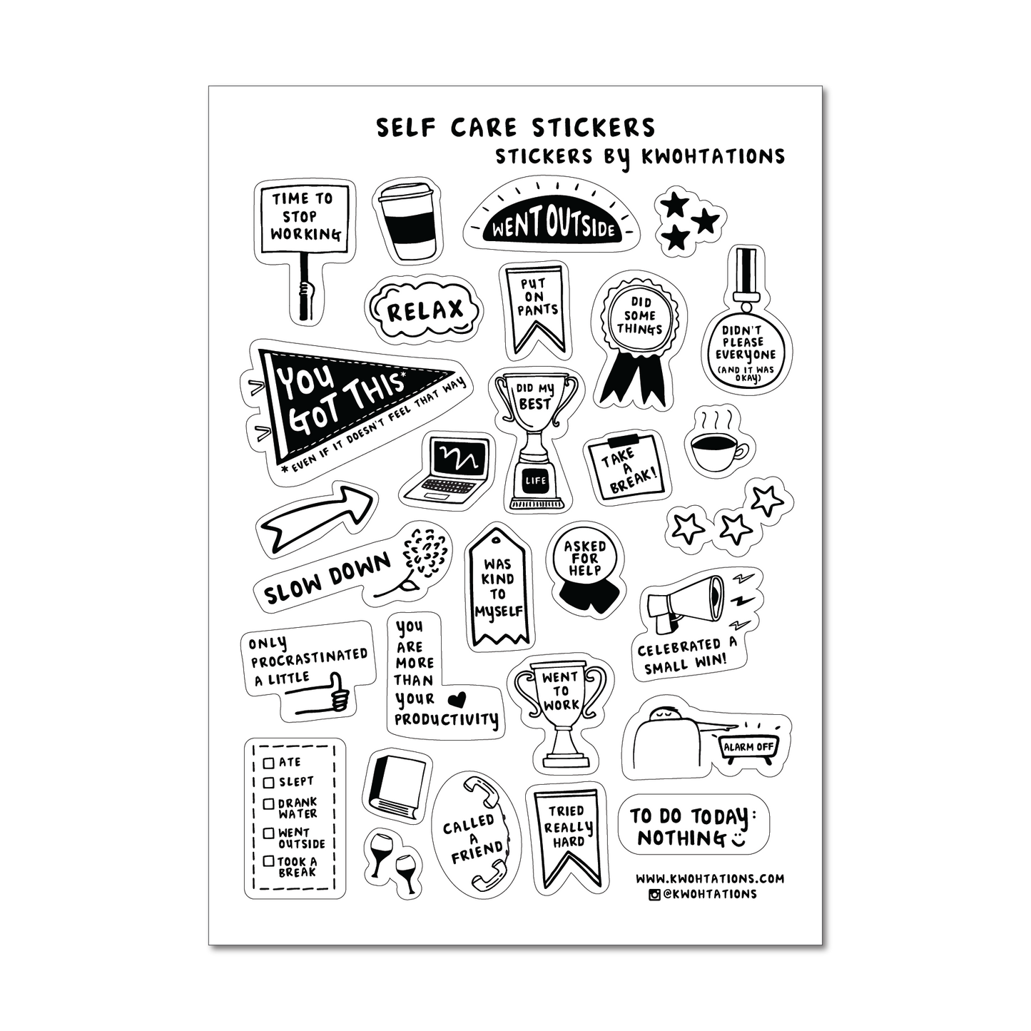 Sheet of black and white self care stickers with motivational quotes and icons for planners and journals.