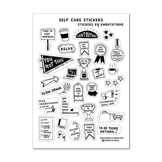 Sheet of black and white self care stickers with motivational quotes and icons for planners and journals.