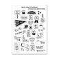 Sheet of black and white self care stickers with motivational quotes and icons for planners and journals.