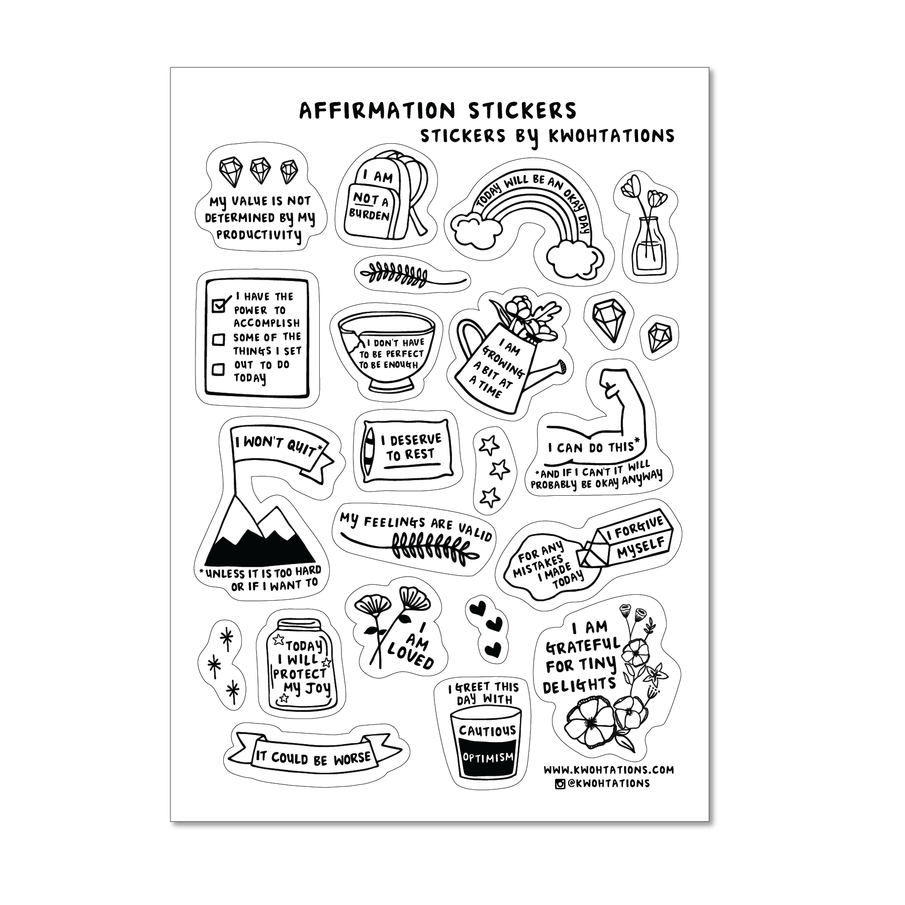 Sheet of black and white affirmation stickers with uplifting messages and simple illustrations on white background.