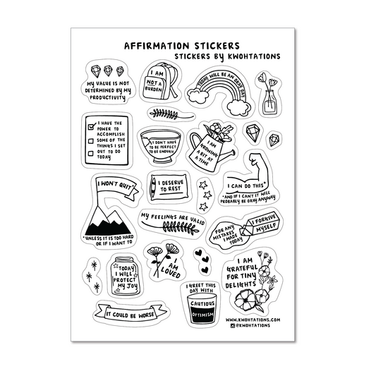 Sheet of black and white affirmation stickers with uplifting messages and simple illustrations on white background.