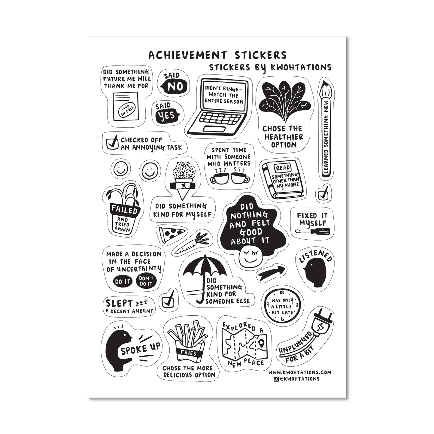 Black and white illustrated sticker sheet titled Achievement Stickers with motivational phrases and simple icons on white background
