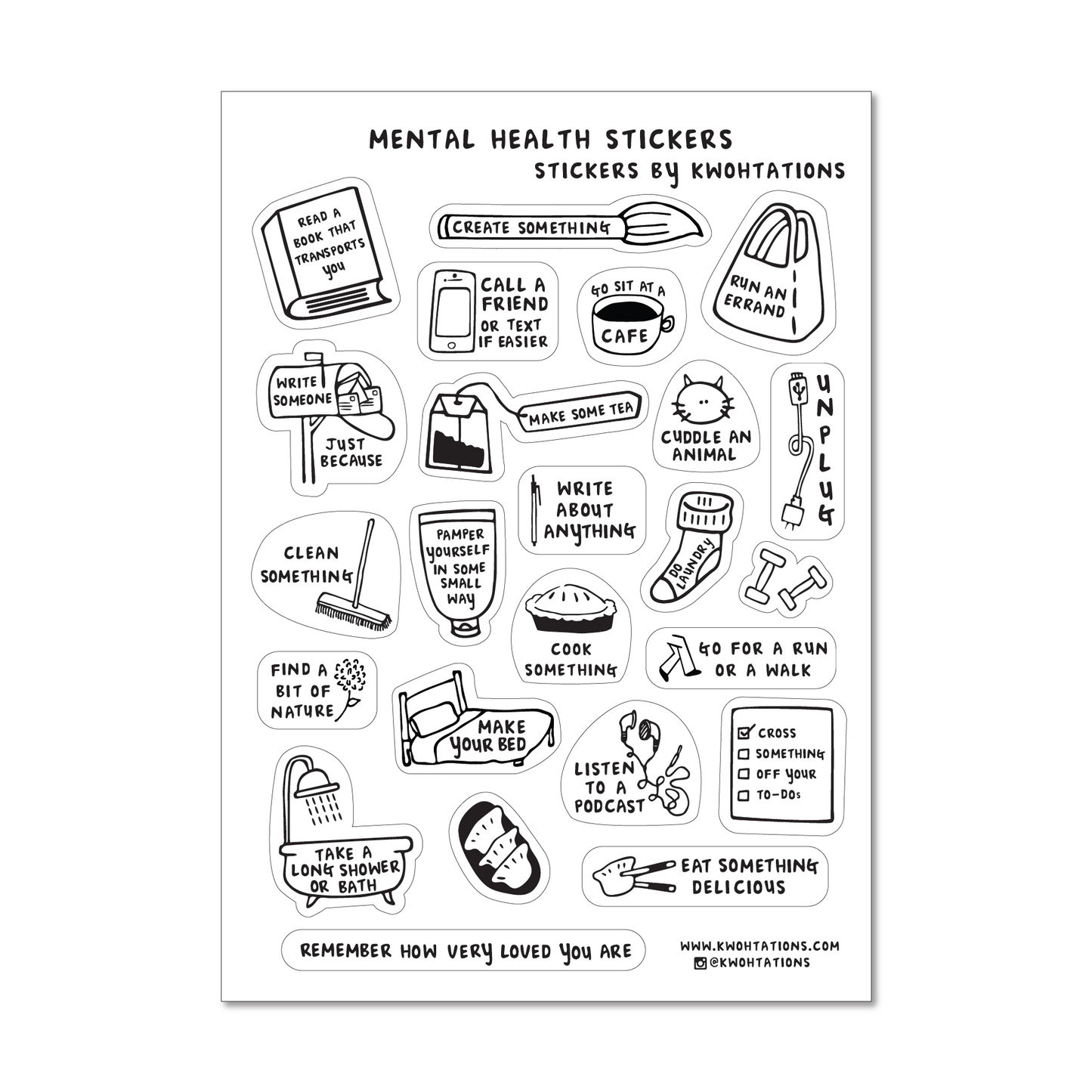 Black and white illustrated mental health sticker sheet with self-care reminders like run, write, call, and relax icons.