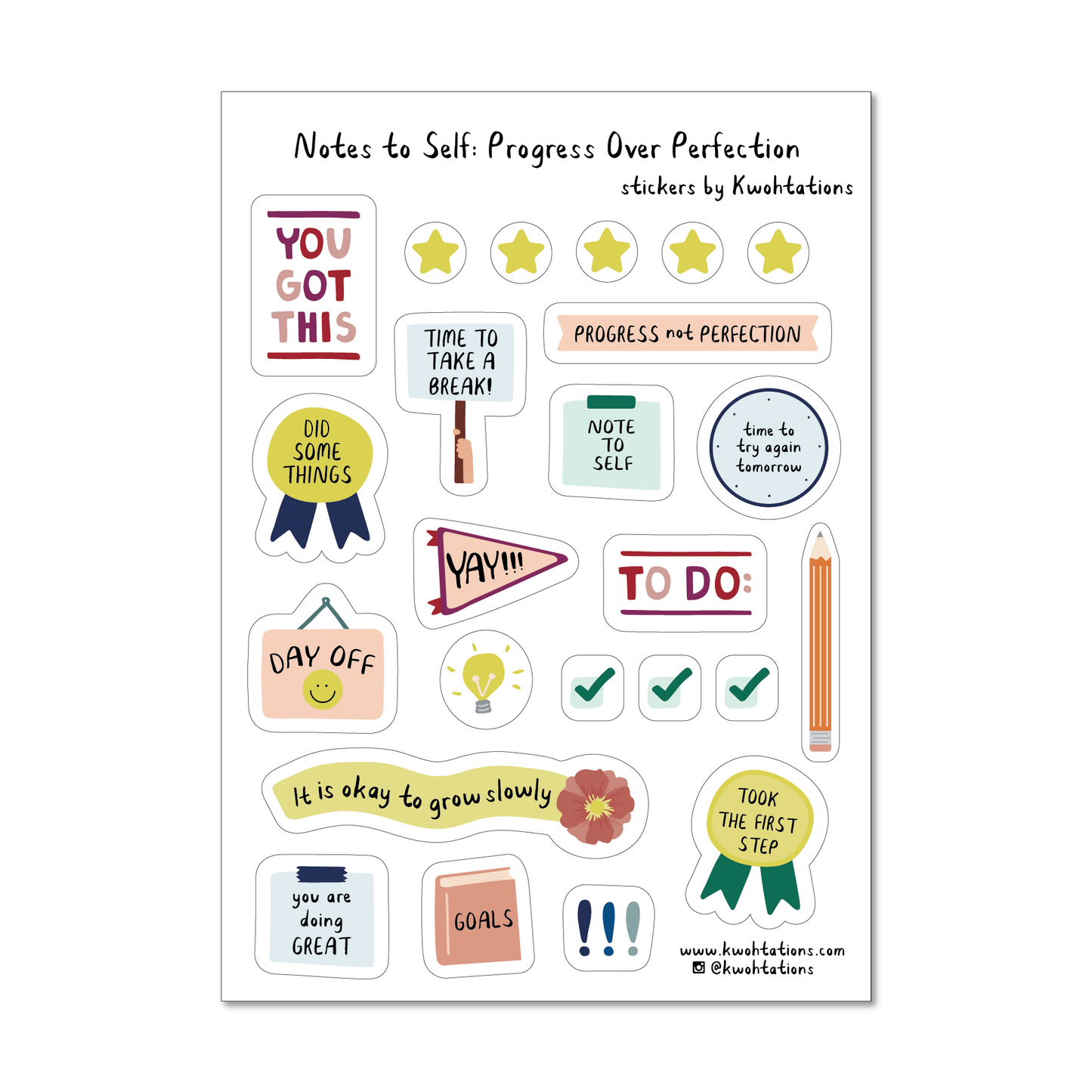 Cute goal setting sticker sheet with motivational stickers, which have motivational illustrations that say things like It Is Okay To Grow Slowly and Progress Not Perfection. The stickers have color illustrations printed on a transparent background.