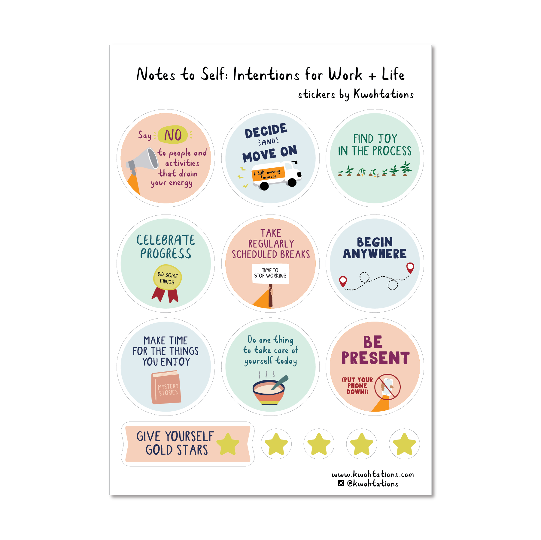 Cute intention setting sticker sheet with motivational stickers, which have motivational illustrations that include intentions for the year like Find Joy in the Process and Begin Anywhere. The stickers have color illustrations printed on a transparent background.