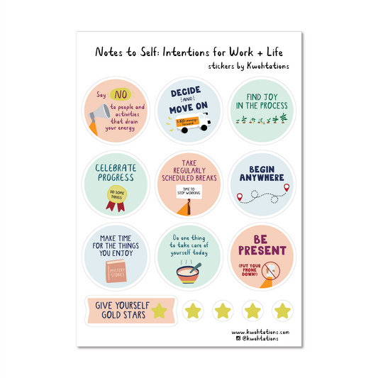 Cute intention setting sticker sheet with motivational stickers, which have motivational illustrations that include intentions for the year like Find Joy in the Process and Begin Anywhere. The stickers have color illustrations printed on a transparent background.