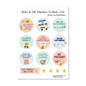 Cute intention setting sticker sheet with motivational stickers, which have motivational illustrations that include intentions for the year like Find Joy in the Process and Begin Anywhere. The stickers have color illustrations printed on a transparent background.