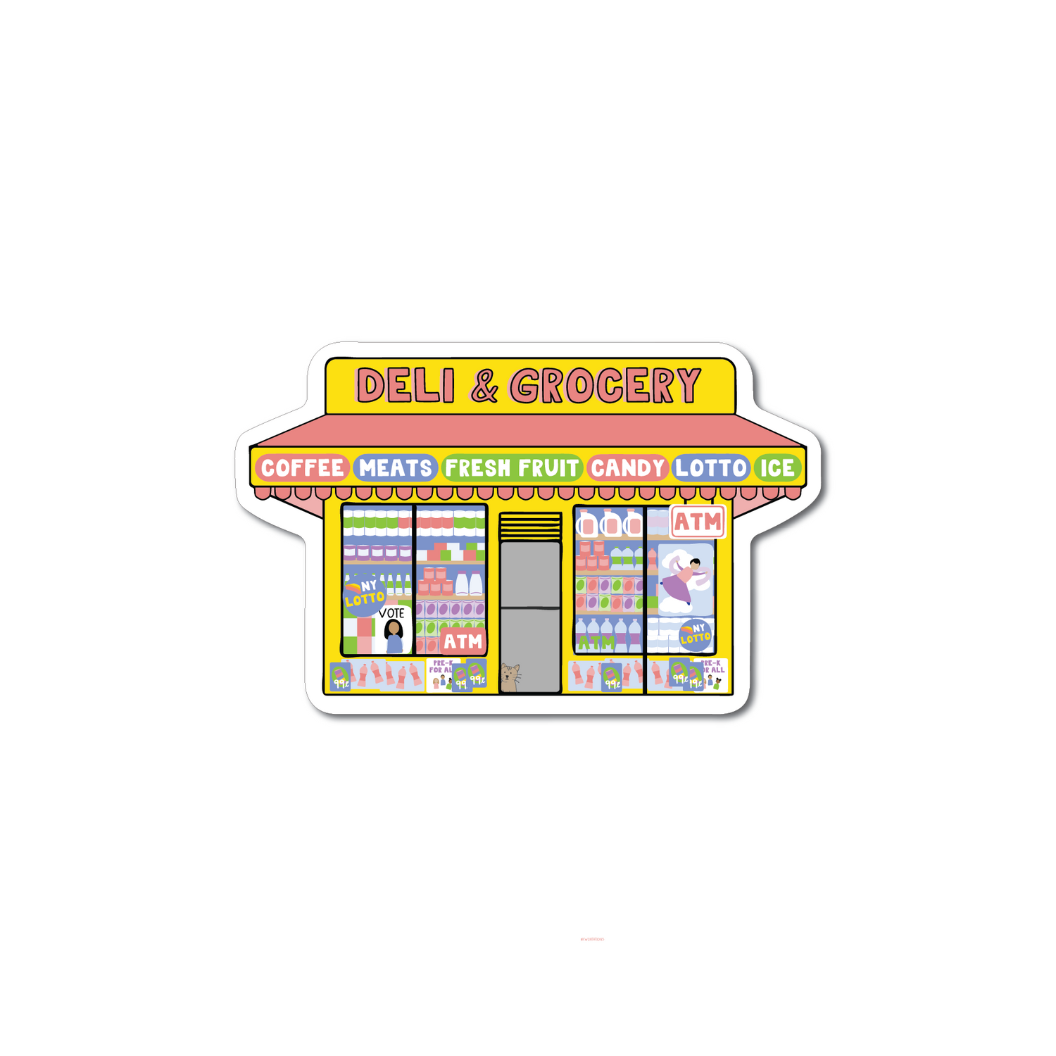 NYC Bodega Sticker showing a colorful deli and grocery storefront with various product signs on durable vinyl.
