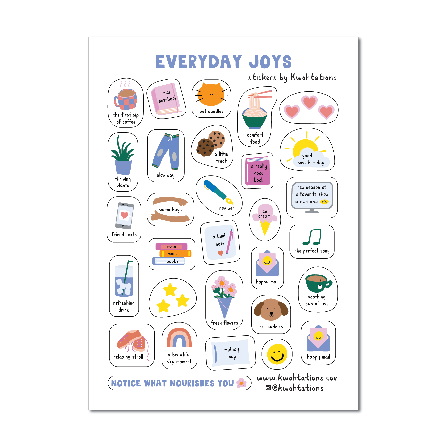 Sticker sheet titled Everyday Joys with 30 small transparent planner stickers featuring cozy daily moments and icons.