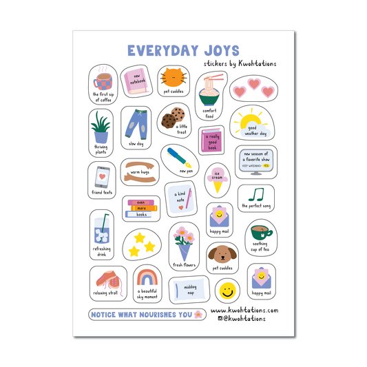 Sticker sheet titled Everyday Joys with 30 small transparent planner stickers featuring cozy daily moments and icons.