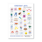 Sticker sheet titled Everyday Joys with 30 small transparent planner stickers featuring cozy daily moments and icons.