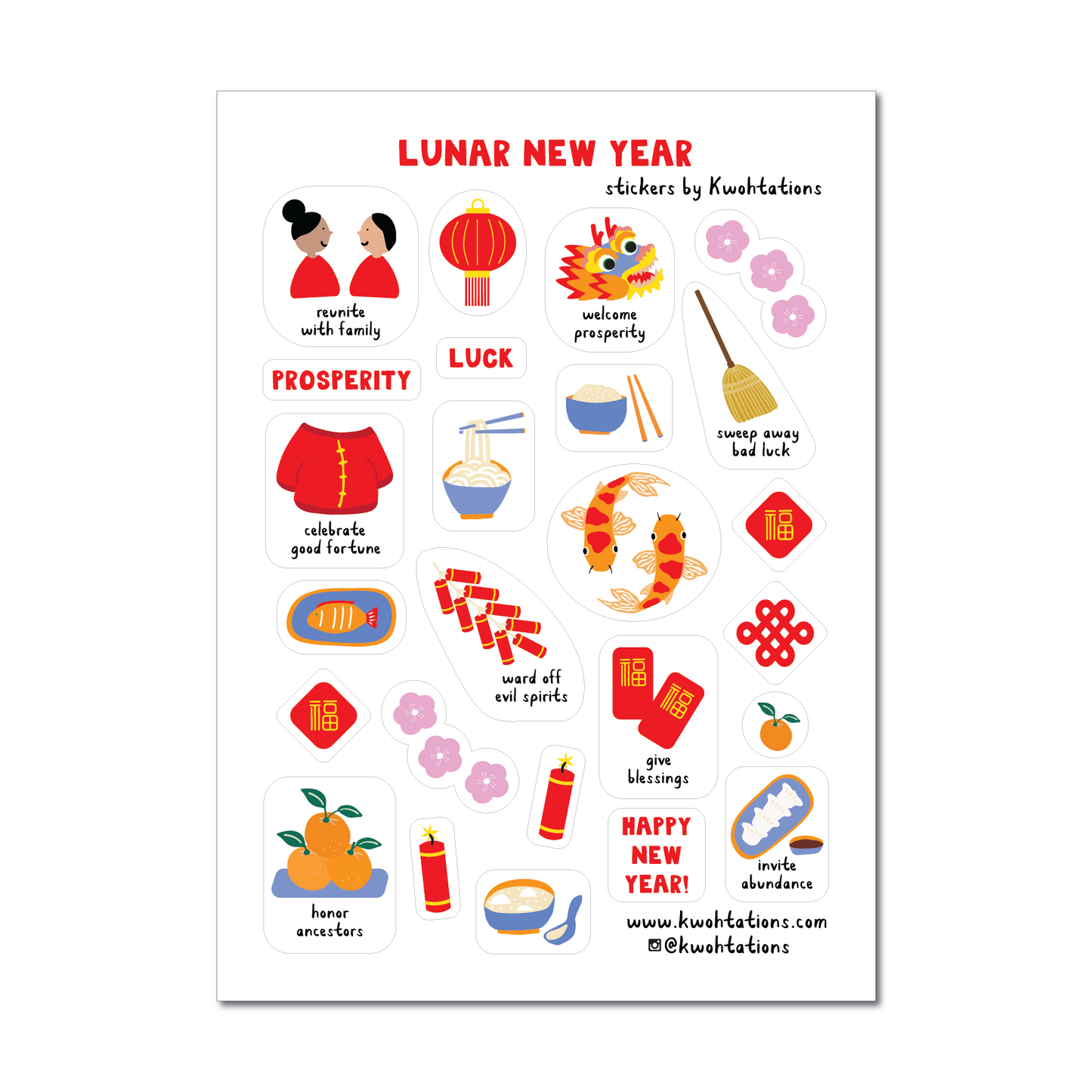 Sheet of 25 transparent Lunar New Year planner stickers with red lanterns, koi fish, plum blossoms, and festive icons.