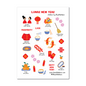 Sheet of 25 transparent Lunar New Year planner stickers with red lanterns, koi fish, plum blossoms, and festive icons.