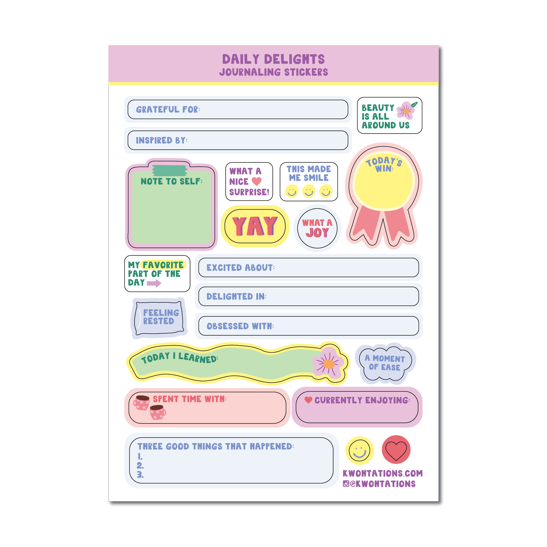 Writable paper planner sticker sheet titled Daily Delights with prompts for gratitude, joy, and reflection in pastel colors