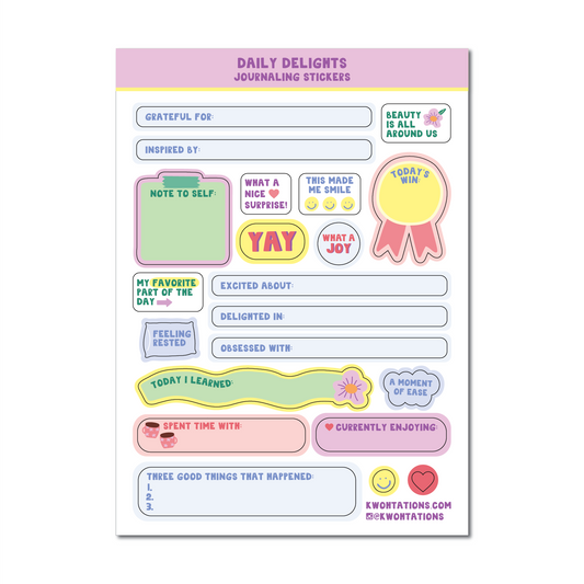 Writable paper planner sticker sheet titled Daily Delights with prompts for gratitude, joy, and reflection in pastel colors