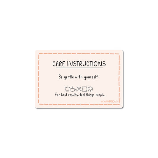 Matte vinyl sticker with a gentle self-care message and playful care symbols on a soft peach background.