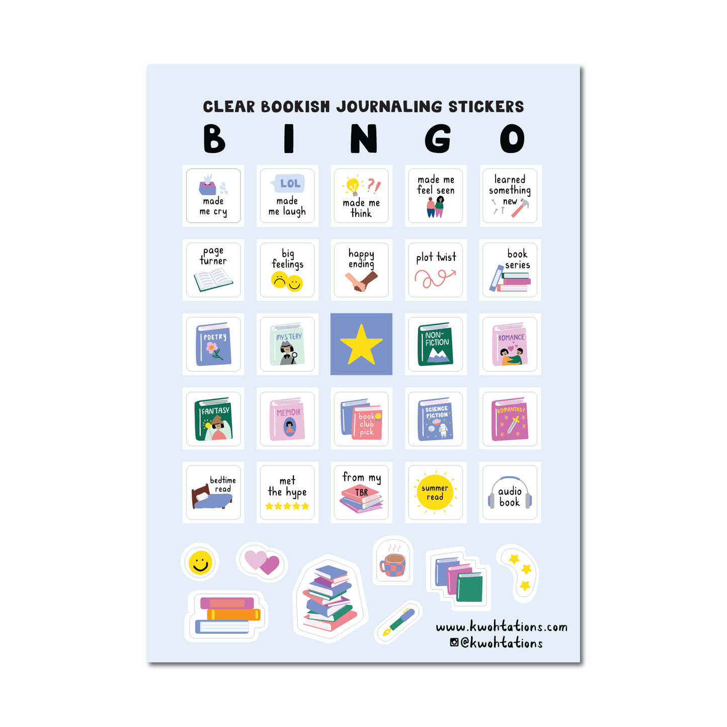Sheet of clear book-themed journaling stickers arranged in a bingo card layout, featuring pastel-colored icons and handwritten labels related to reading experiences and book genres.