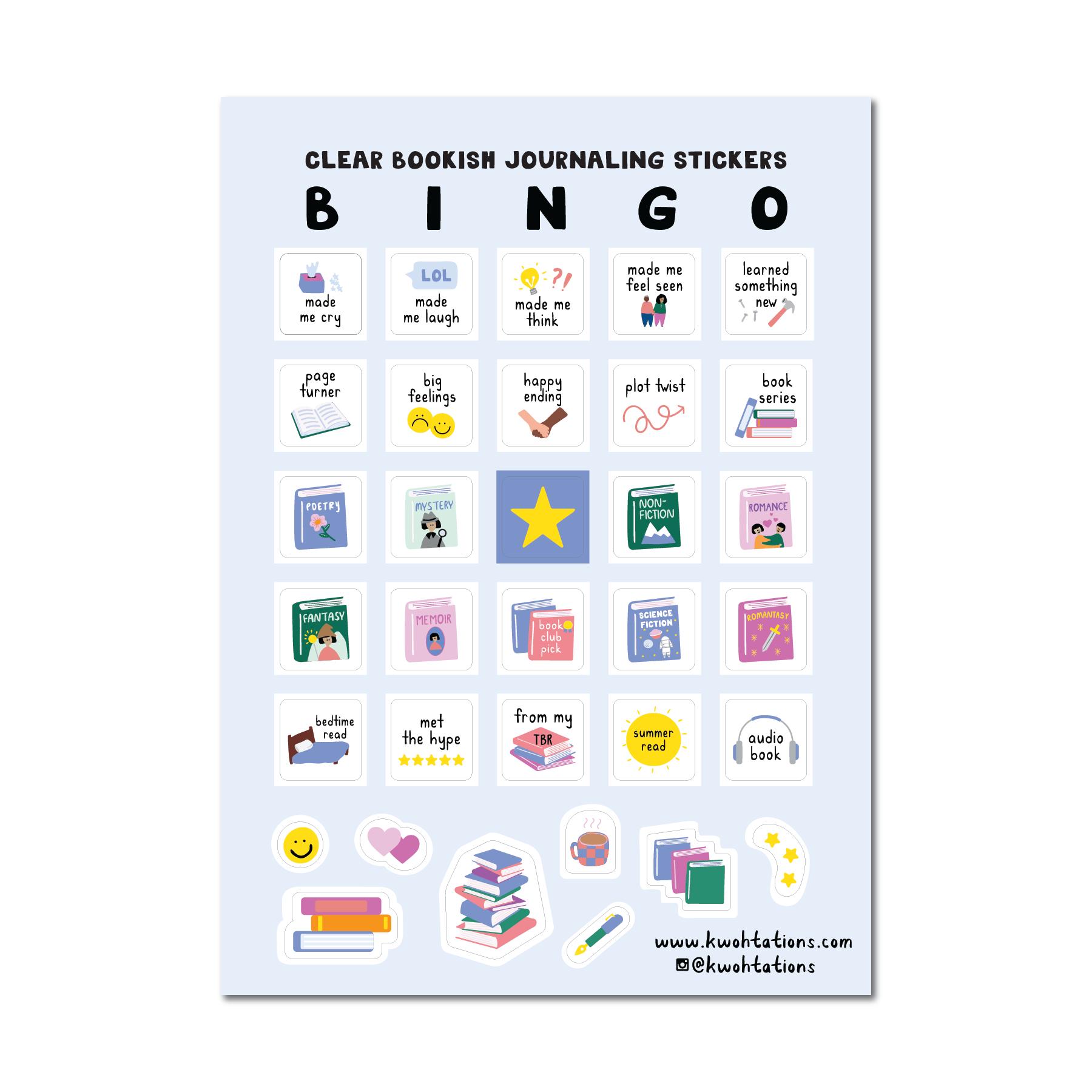 Sheet of clear book-themed journaling stickers arranged in a bingo card layout, featuring pastel-colored icons and handwritten labels related to reading experiences and book genres.