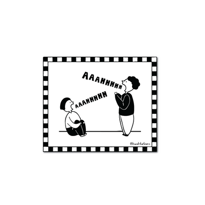 Black and white illustration showing two people facing each other, one sitting on the ground and the other standing, both yelling "AAAHHHHH" with stylized text in a checkered border.