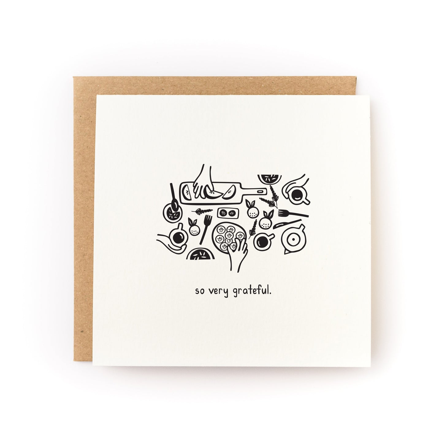 Thank you card that reads "so very grateful" with an illustration of hands grabbing different foods. White card is paired with a kraft envelope.