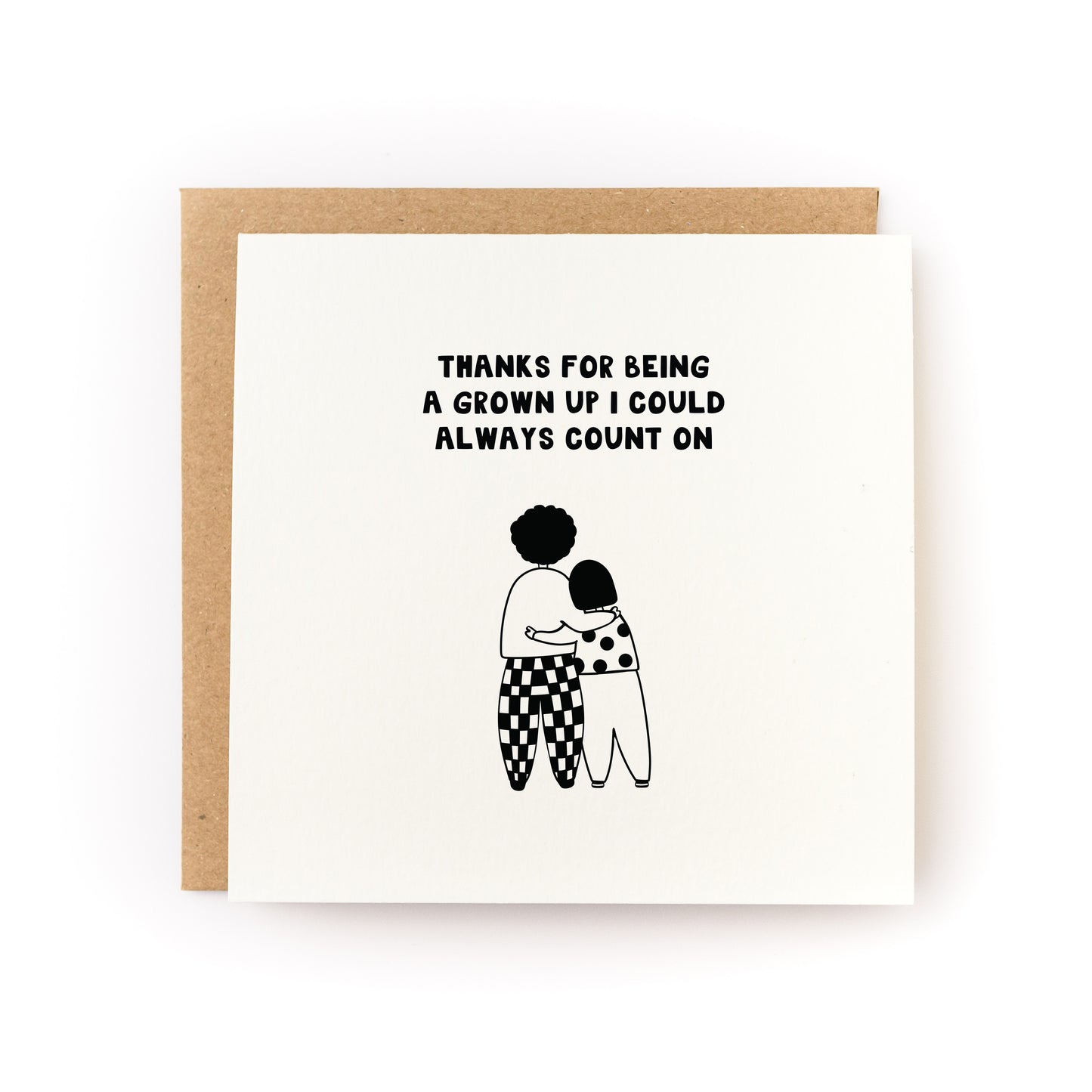 Minimalist Mother's Day card with black text and illustration of two people hugging on white background