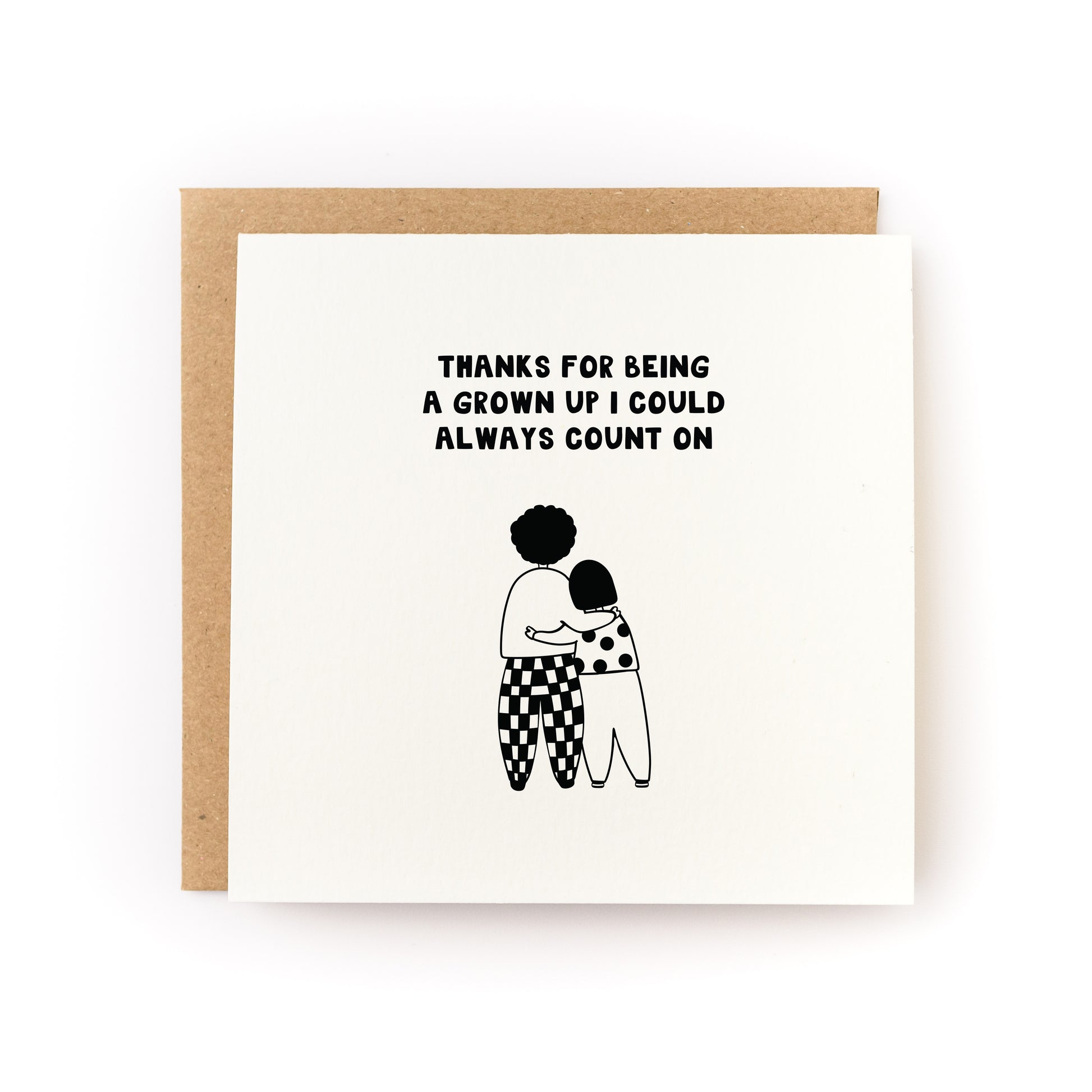 Minimalist Mother's Day card with black text and illustration of two people hugging on white background