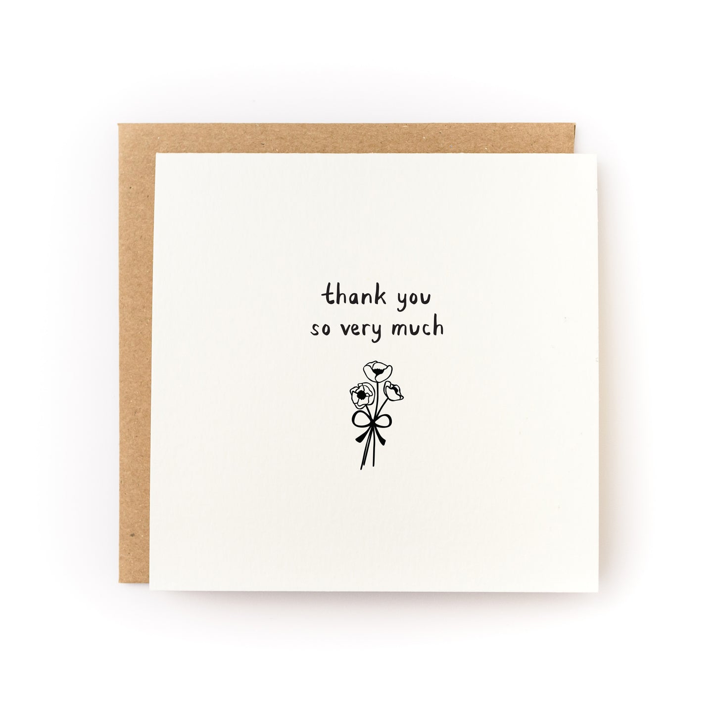 Square white thank you card with a minimalist black line drawing of a small flower bouquet tied with a bow and the handwritten text "thank you so very much," paired with a brown kraft envelope.