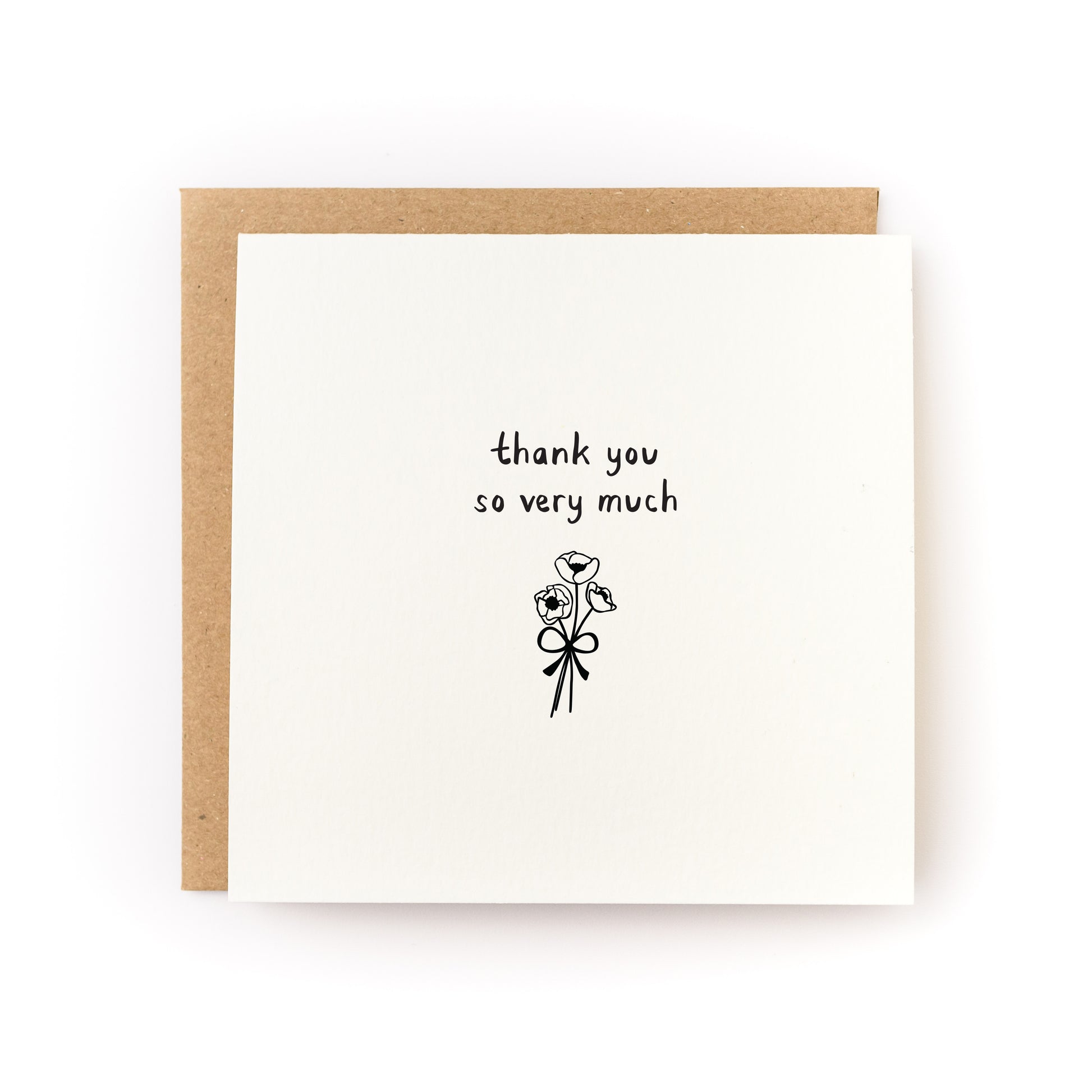 Square white thank you card with a minimalist black line drawing of a small flower bouquet tied with a bow and the handwritten text "thank you so very much," paired with a brown kraft envelope.