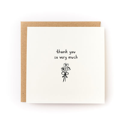 Square white thank you card with a minimalist black line drawing of a small flower bouquet tied with a bow and the handwritten text "thank you so very much," paired with a brown kraft envelope.