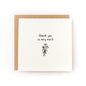 Square white thank you card with a minimalist black line drawing of a small flower bouquet tied with a bow and the handwritten text "thank you so very much," paired with a brown kraft envelope.