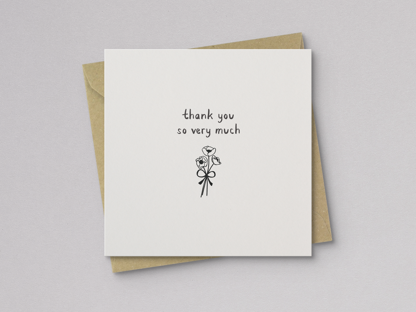 Square off-white thank you card with a minimalist black line drawing of a small flower bouquet tied with a bow and the handwritten text "thank you so very much," paired with a kraft paper envelope.