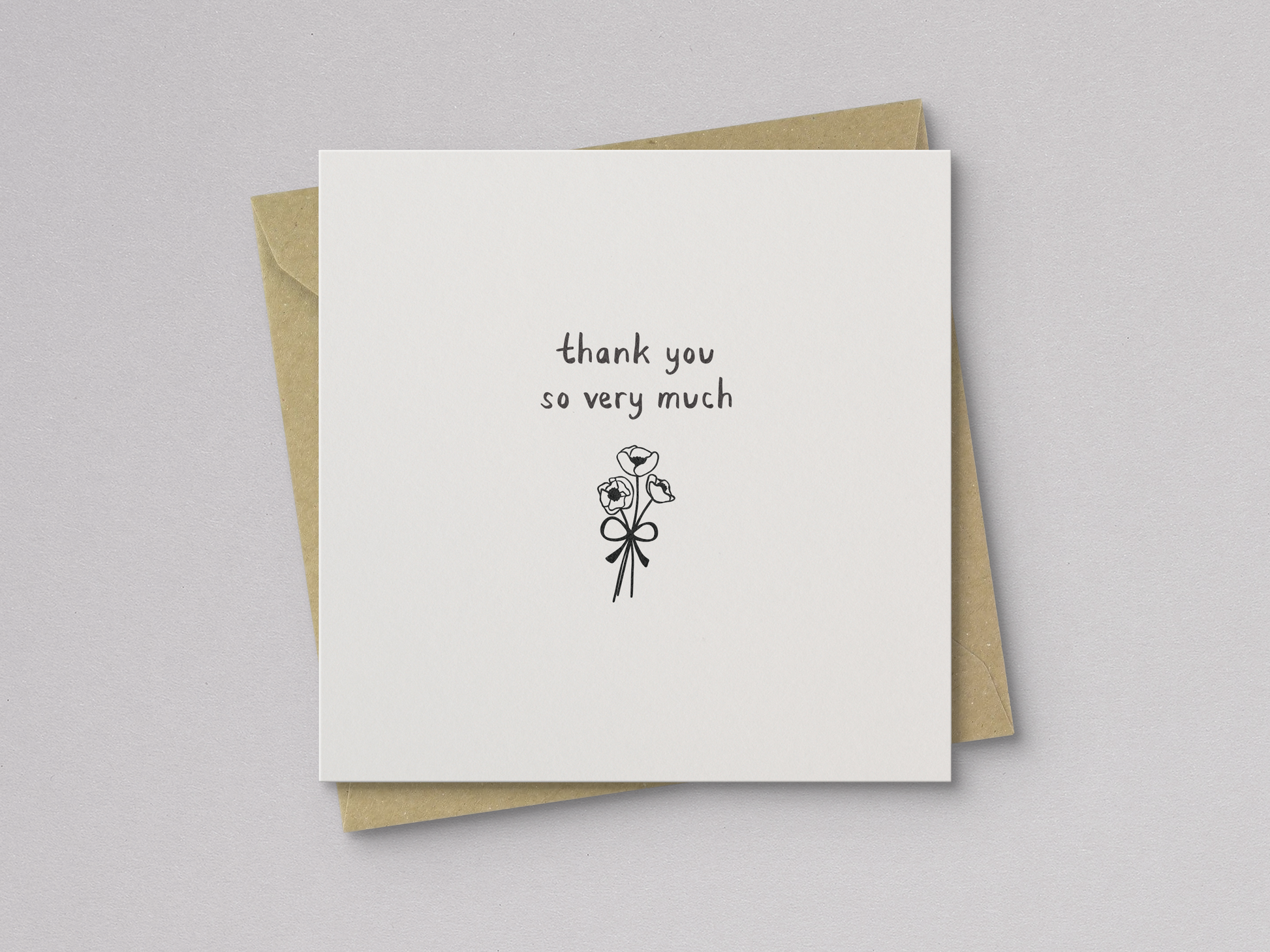 Square off-white thank you card with a minimalist black line drawing of a small flower bouquet tied with a bow and the handwritten text "thank you so very much," paired with a kraft paper envelope.