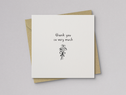 Square off-white thank you card with a minimalist black line drawing of a small flower bouquet tied with a bow and the handwritten text "thank you so very much," paired with a kraft paper envelope.