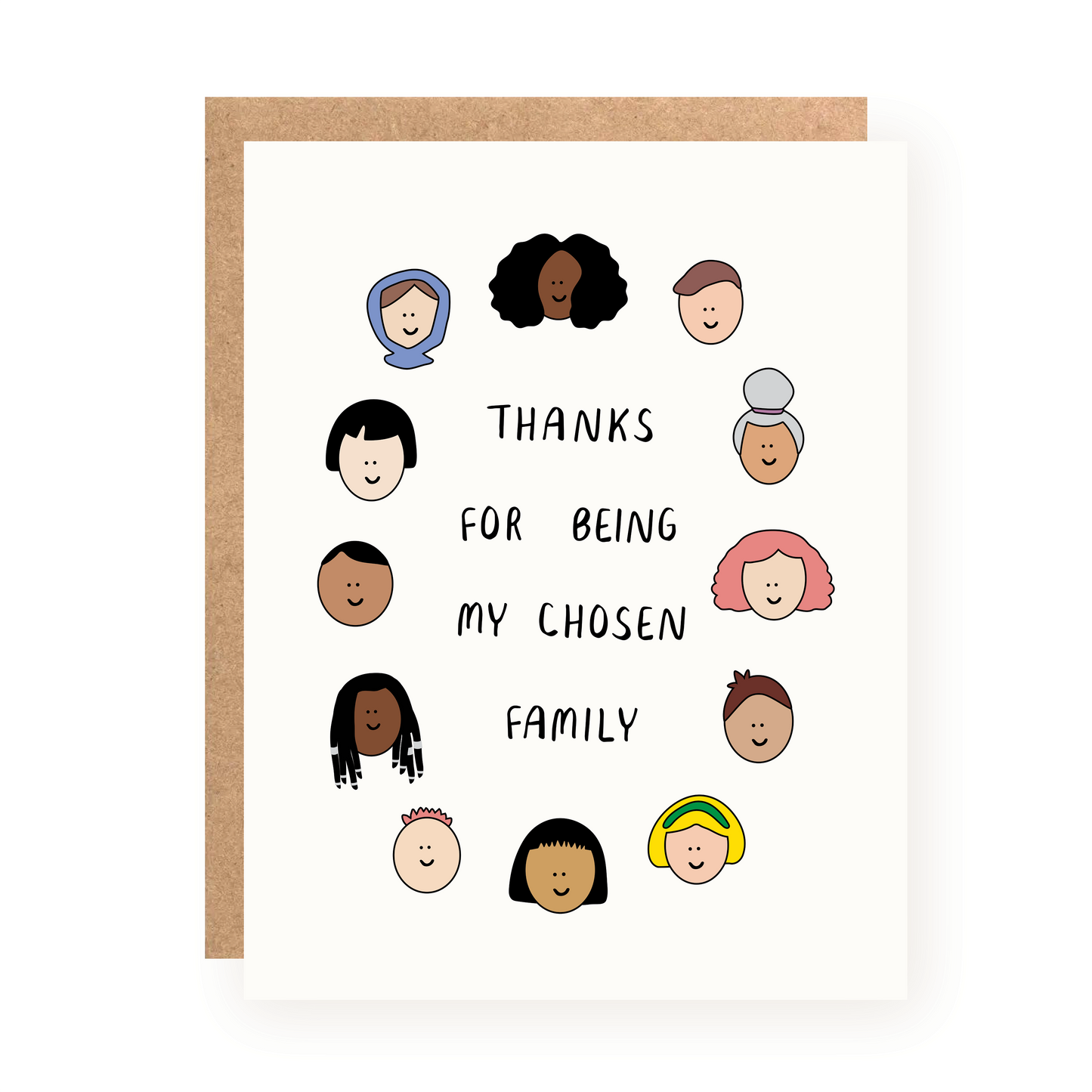 Thank You card with diverse illustrated faces surrounding handwritten text "Thanks for being my chosen family" on white background