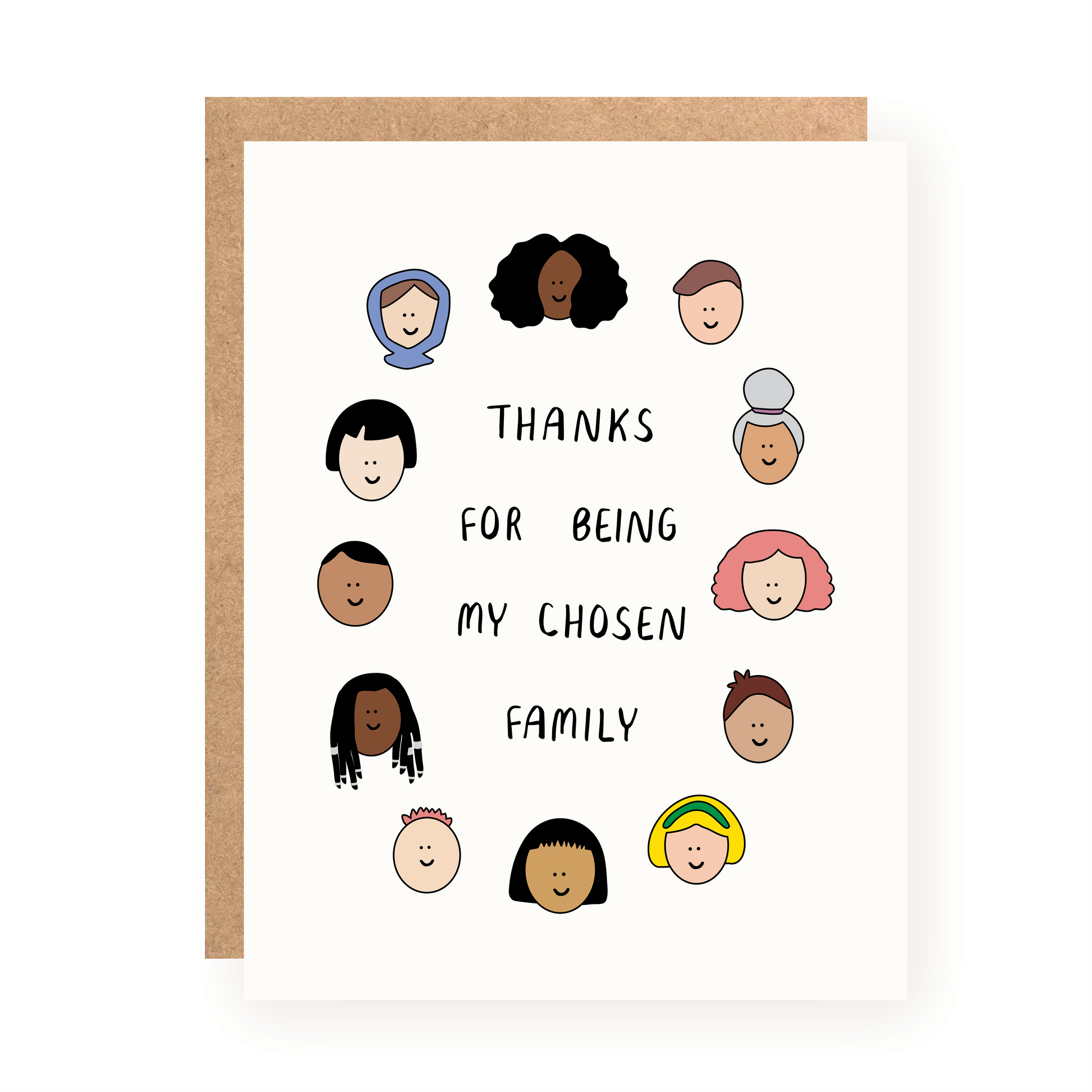 Thank You card with diverse illustrated faces surrounding handwritten text "Thanks for being my chosen family" on white background