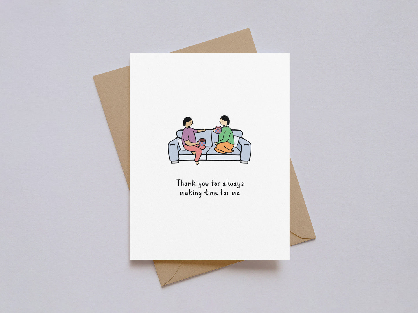 Thank you card with illustration of two people sitting on a couch and text "Thank you for always making time for me