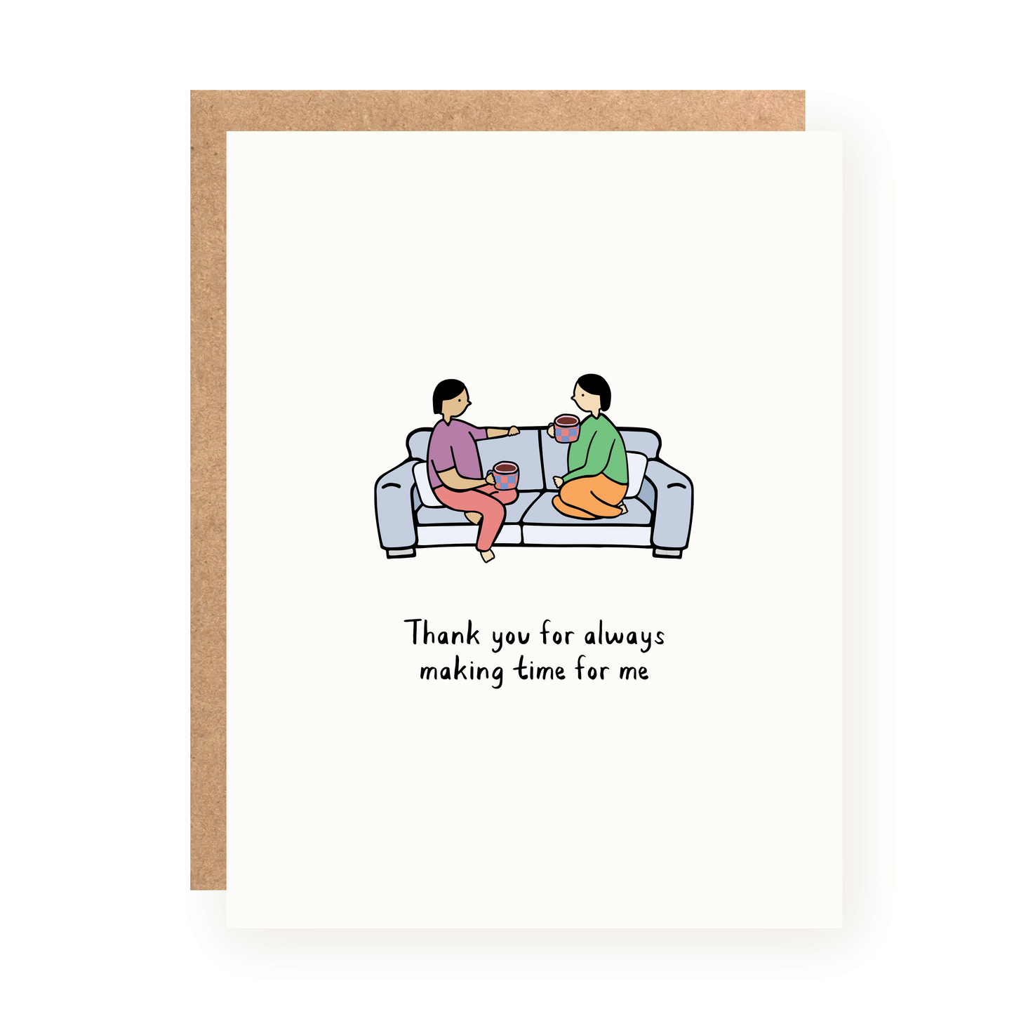 Illustrated thank you card showing two people sharing coffee on a couch with text about making time for me