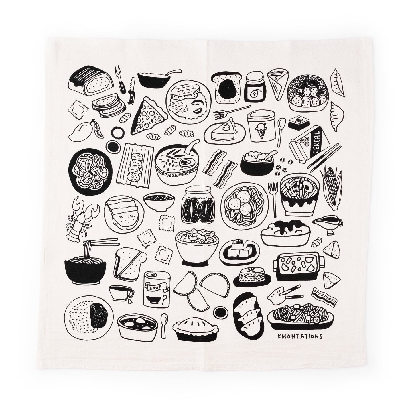 Cute dish towel with illustrations of comfort foods from around the world. 20" x 20" cotton flour sack tea towel with black screen printed illustrations, including home-cooked meals like mac and cheese, pumpkin soup, sweet potato pie, dal, congee, pancit, and ratatouille.